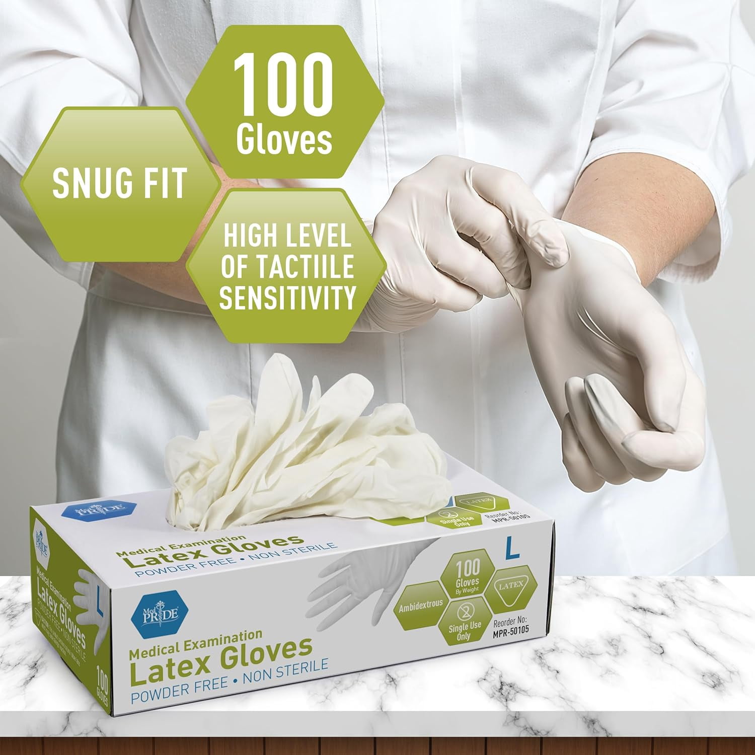 Med Pride Disposable Latex Gloves, 5 Mil Thick 100 Count White Exam Gloves, Medical Grade, Powder-Free, Large