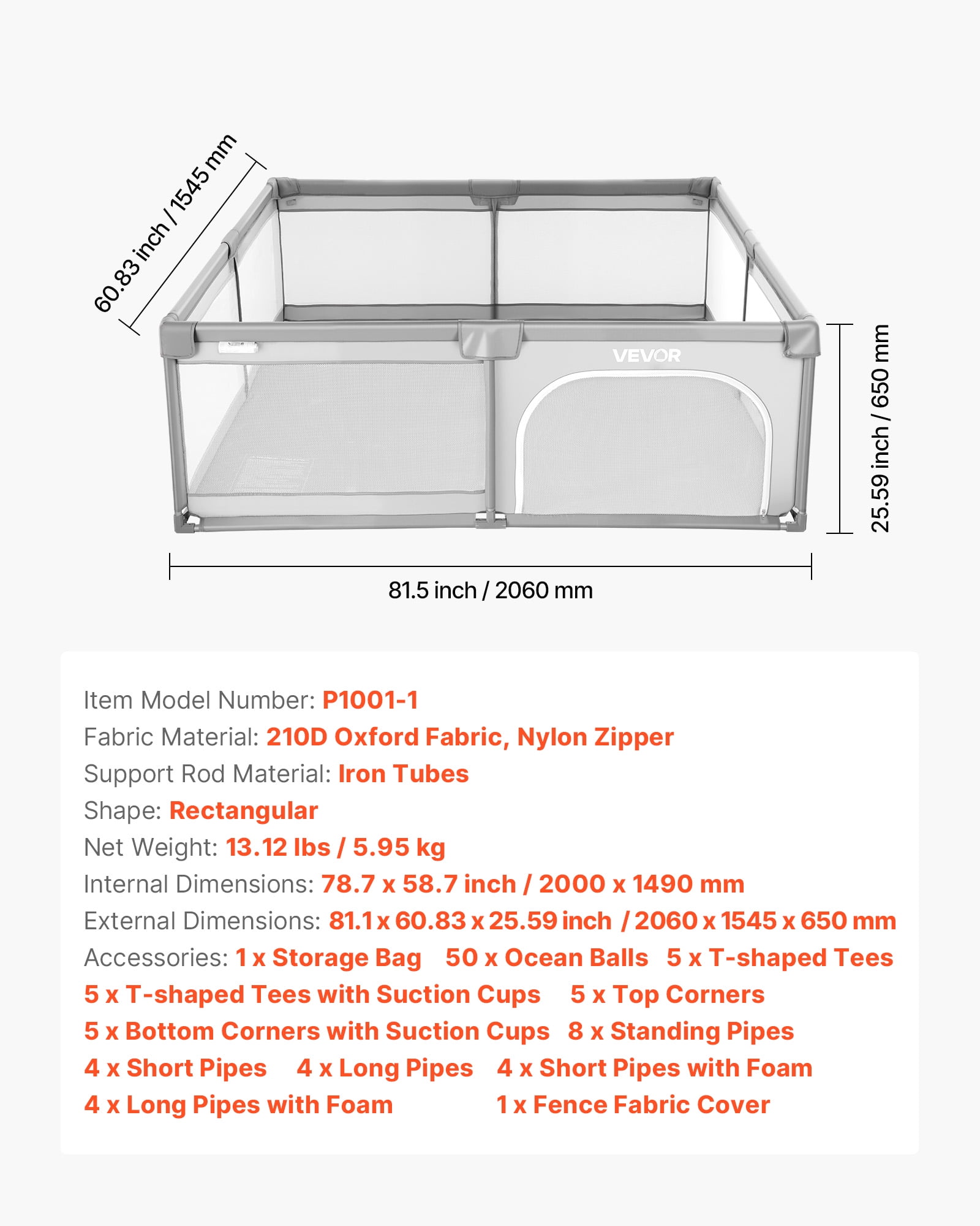 VEVOR Baby Playpen, 78.7″ x 58.7″ Large Toddlers Playpen, Indoor/Outdoor Baby Fence Play Yard with 50 Ocean Balls, Zippered Door & Breathable Mesh, No-Gap Safety Activity Center for Babies Toddlers