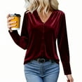 thumbnail image 5 of Lenpel Velvet Tops for Women Long Sleeve V Neck Pleated Button down Shirts Dressy Casual Velour Blouses Loose Work Shirts(Red,X-Large), 5 of 7