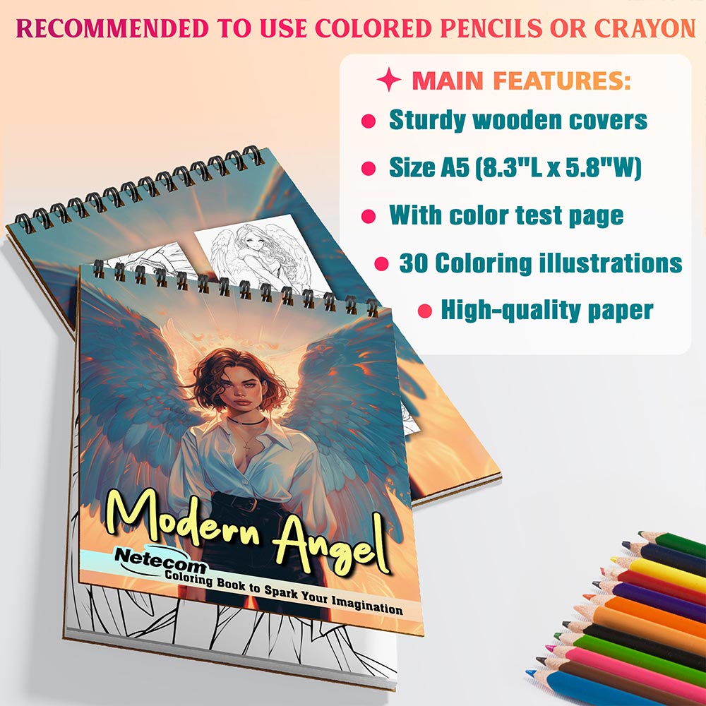 Netecom Modern Angel Coloring Book for Adults, A5 Wooden Cover, Spiral Bound Edition, 30 Elegant Angel Coloring Pages in Modern Styles for Stress Relief and Relaxation