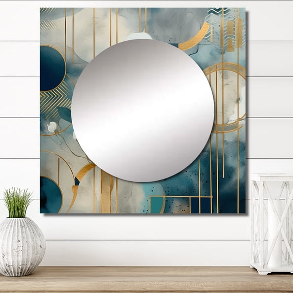 Designart "Mosaic Floral Design Golden Blue III" Floral Square Mirror For Wall Decor - Large Turquoise Square Mirror Printed Wall Decor - Traditional Square Living Room Mirror