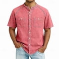 thumbnail image 2 of Hesxuno Men Fashion Button Down Shirts Mandarin Collar Denim Short Sleeve Shirt Loose Fit Western Work Tops Casual Stretchy Cowboy Blouses with Pockets Pink M, 2 of 5