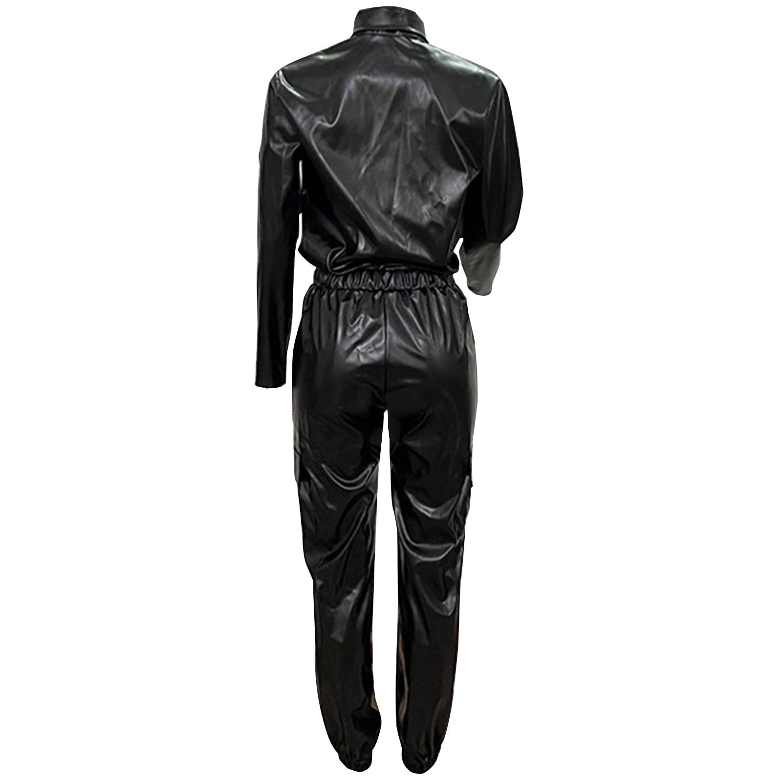 RQYYD Women's Faux Leather 2 Piece Outfits Button Up Pocket Lapel Jacket Top Baggy PU Leather Cargo Pant Set