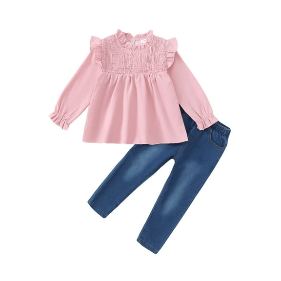 KIMI BEAR 5Y Little Girls Winter Outfits 6Y Little Girls Pant Sets Ruffle Long Sleeves Pullover Top Solid Color T-shirt Top Denim Pants Jeans 2pcs Clothing Sets Pink