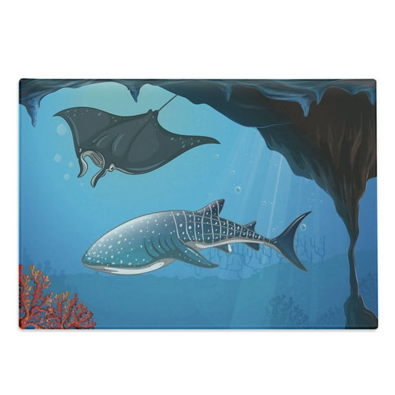 Shark Cutting Board, Mammal Deep Water Stingray Coral Reefs Algae Rocky Cave Exotic Cartoon Style Art, Decorative Tempered Glass Cutting and Serving Board, Large Size, Blue Grey, by Ambesonne