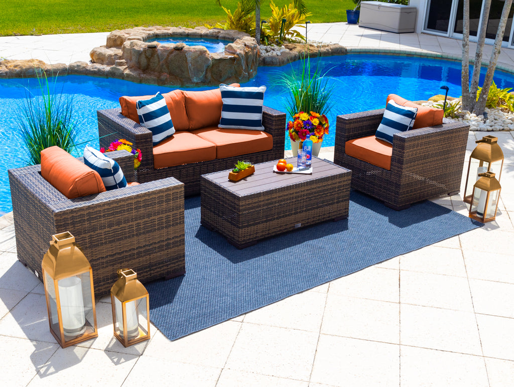 Sorrento 4-Piece L Resin Wicker Outdoor Patio Furniture Conversation Sofa Set in Brown W/Three-Seat Sofa, Two Armchairs, and Coffee Table (Flat-Weave Brown Wicker, Sunbrella Canvas Tuscan) - image 1 of 3