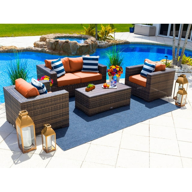 Sorrento 4-Piece L Resin Wicker Outdoor Patio Furniture Conversation Sofa Set in Brown W/Three-Seat Sofa, Two Armchairs, and Coffee Table (Flat-Weave Brown Wicker, Sunbrella Canvas Tuscan)