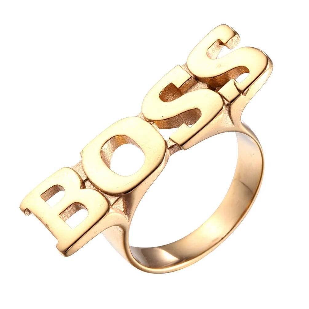 PAMTIER Men Stainless Steel Creative Personalized Punk Alphabet Biker Ring with English Letters BOSS Hip Hop Fashion Gold Plated Size 9