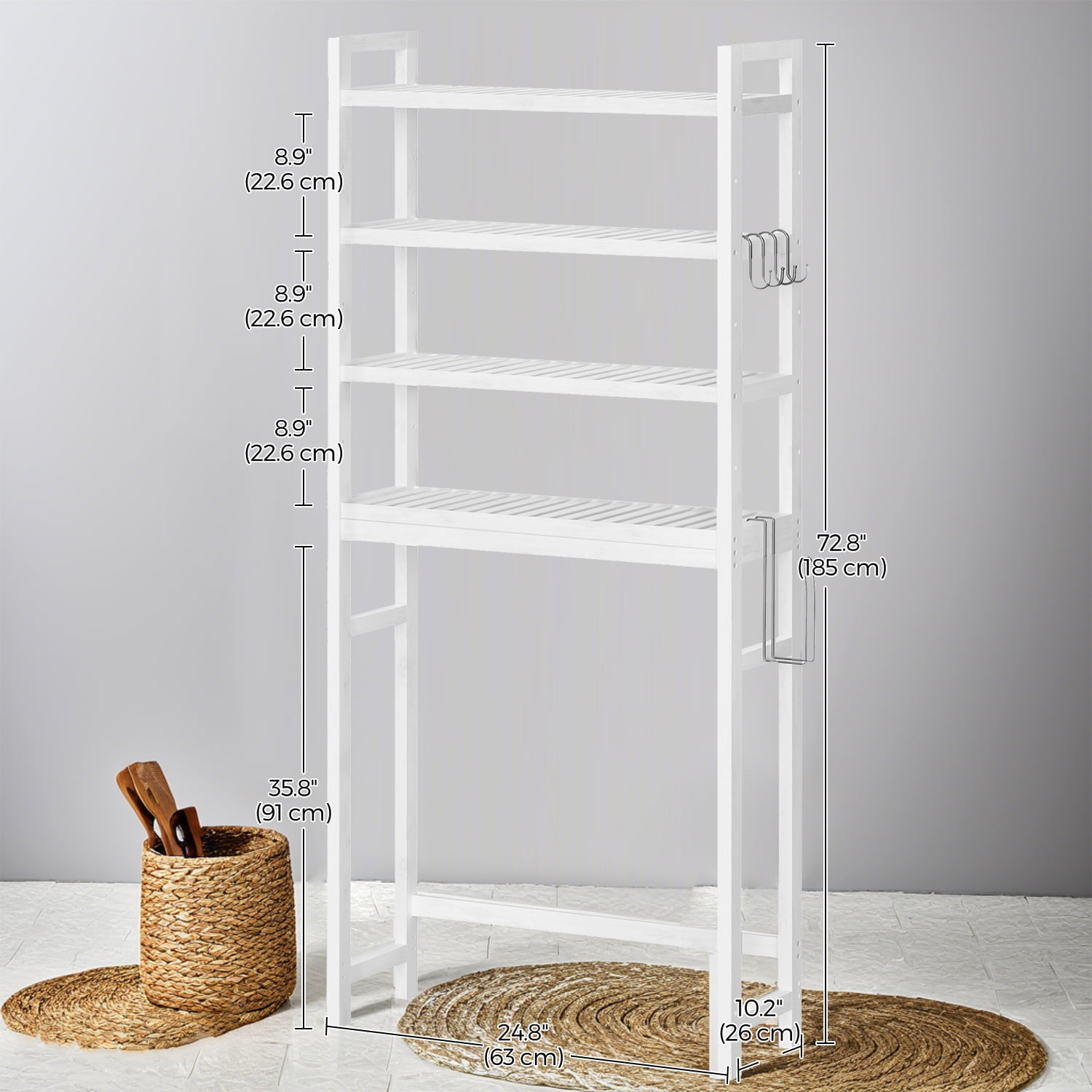 LEDREM 4-Tier over the Toilet Bathroom Storage Organizer with Adjustable Shelves, Hooks, and Toilet Paper Holder, Space-Saving Rack, Cloud White