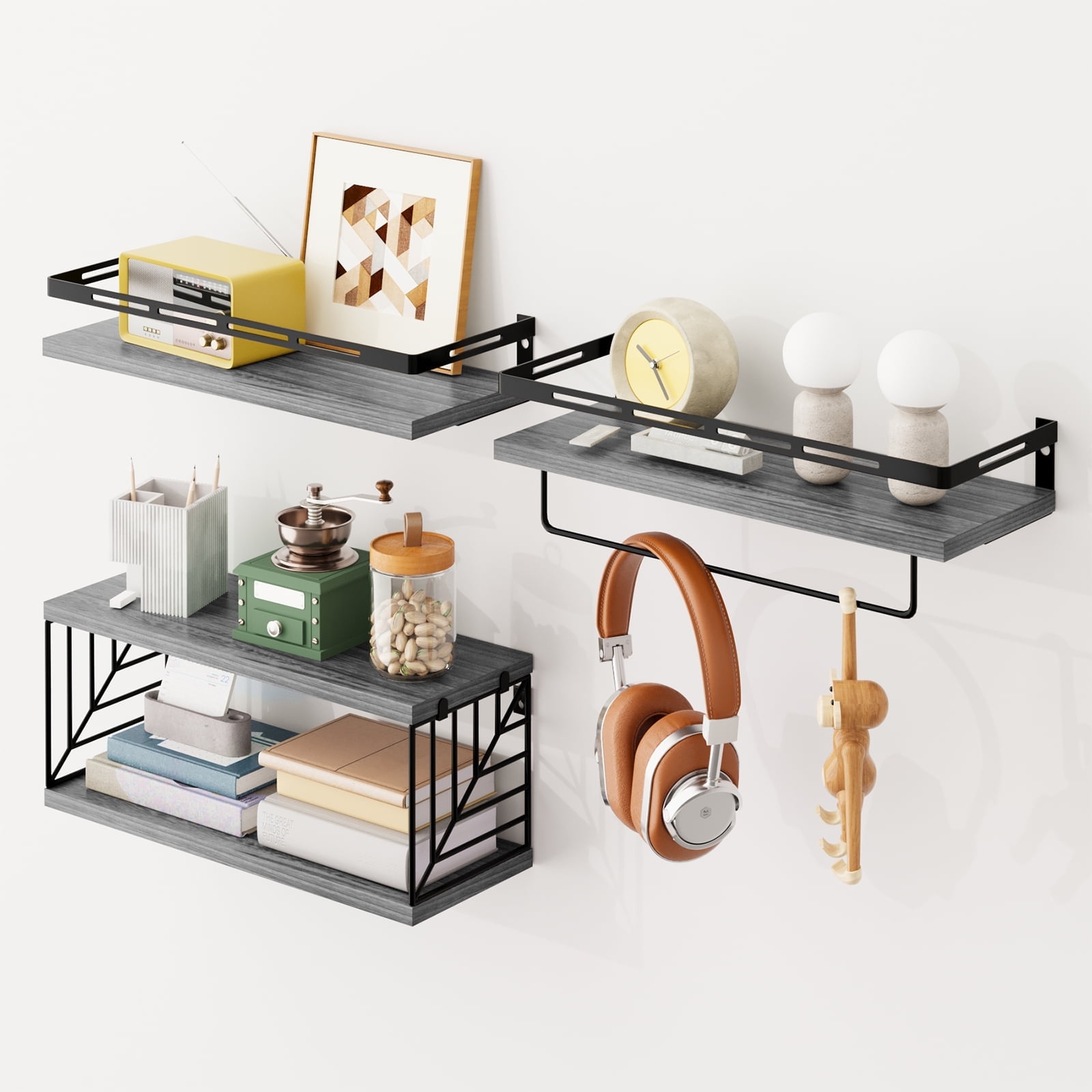 Fairy 4pcs Bathroom Floating Shelves Over Toilet, Wall Shelves with Towel Bar for Bathroom, Living Room (Gray)