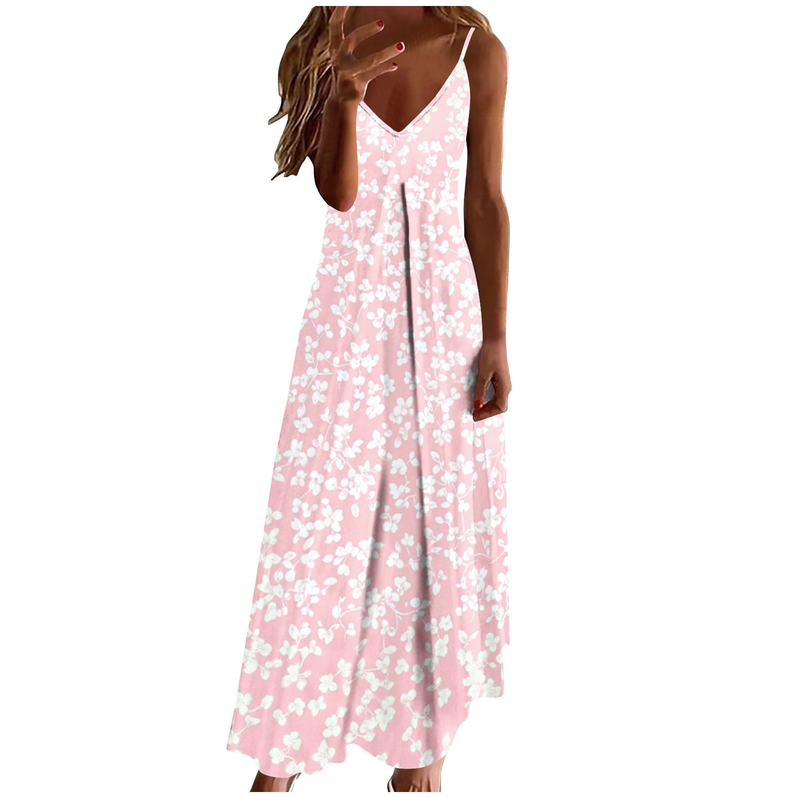 Summer Dresses for Women Spaghetti Strap Maxi Dress V-Neck Casual Boho Sundresses Beach Vacation Outfits
