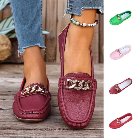 BXSRUTA Plus Size Women's British Style Loafers with Metal Chain Flat Comfort Slip on Shoes Faux Leather EU 36-43