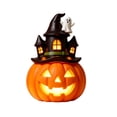 thumbnail image 1 of Linterna con forma de calabaza de resina iluminada con luz LED cálida – Adorno de castillo espeluznante con fantasma, murciélagos y calavera para decoración de mesa de Halloween, 1 of 6