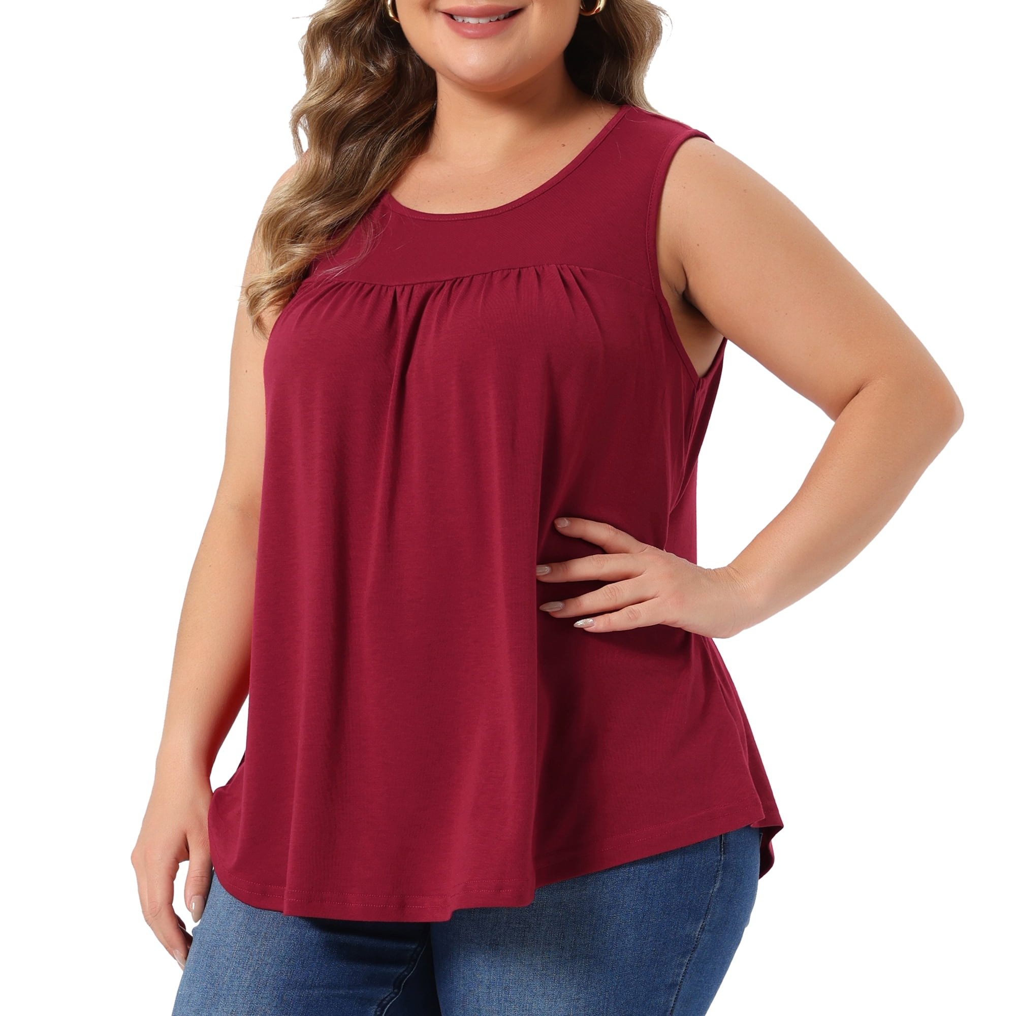 DARING DIVA Women's Plus Crew Neck Boho Pleated Curved Hem Tank Top Blouse 3X Burgundy
