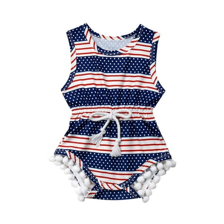 Newborn Baby Girl 4th of July Tassel Romper Bodysuit Sunsuit Clothes Outfits
