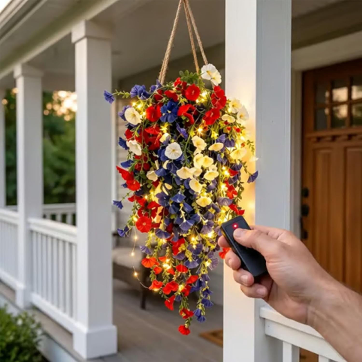 KUNPENG 24" Red White and Blue Artificial Flowers Hanging Basket Faux Floral Plant for 4th of July Veterans Day 250th Anniversary Front Porch Outdoor Patio Home Decorative Objects Decor Accent
