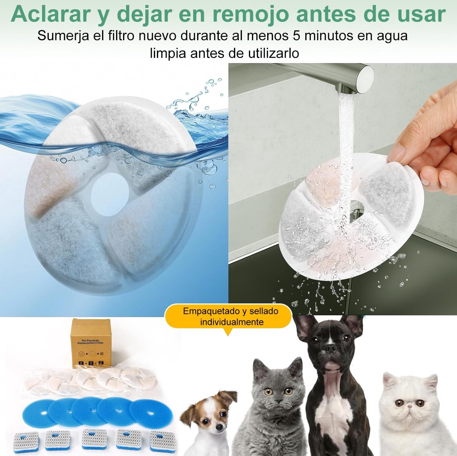 8 PCS Cat Water Fountain Filters, Pet Drinking Fountain Filter Replacement with Resin and Activated Carbon, Filter for Cat and Dog Fountains, Triple Filtration System, BPA Free