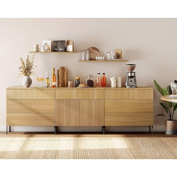 WAMPAT 94.5" Large Buffet Sideboard Cabinet with 7 Drawers & 2 Doors, 3-in-1 Fluted Storage Credenza, Modern Buffet Table Coffee Bar Wine Bar Cabinet for Dining Room, Living Room