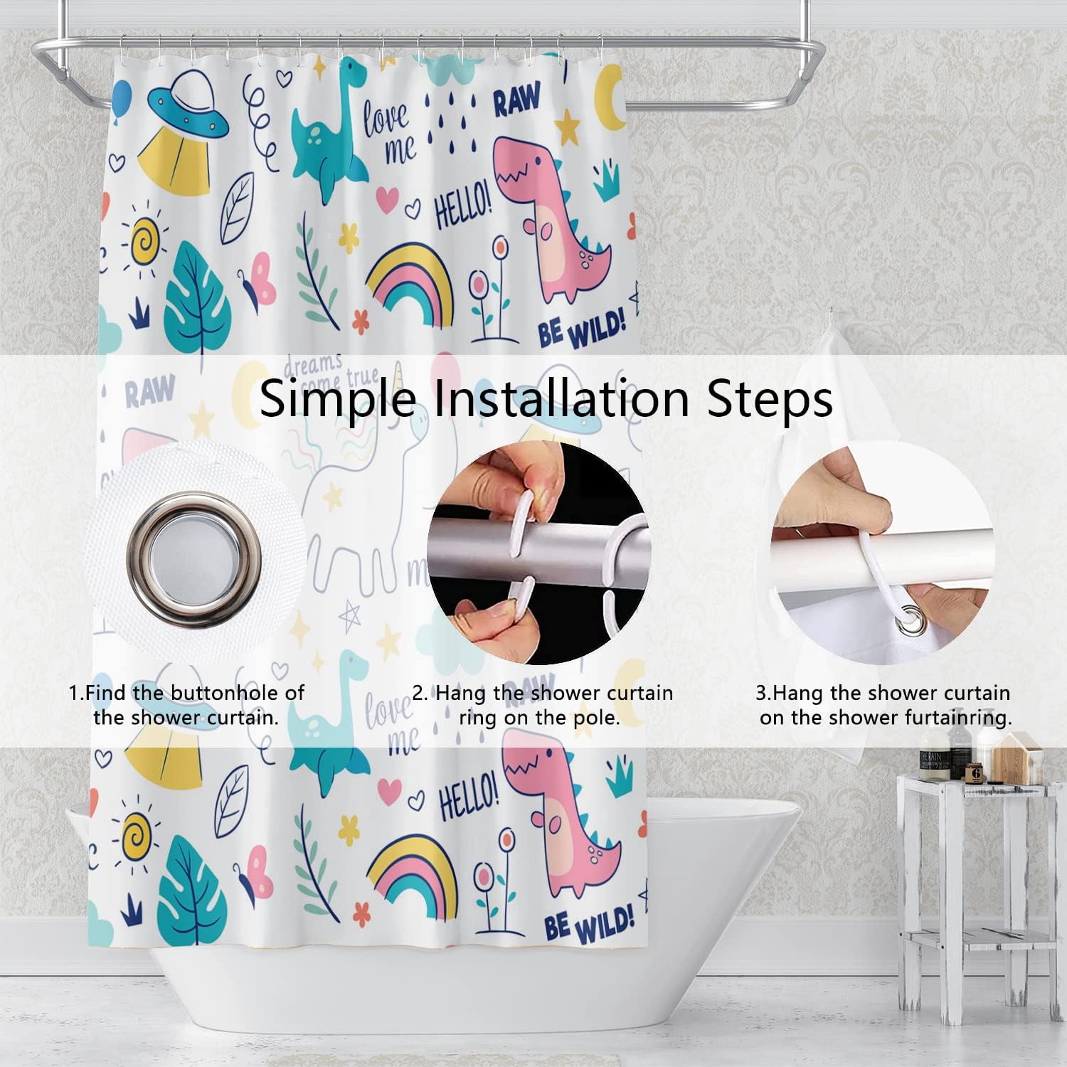 Dreamy Theme Bathroom Shower Curtain Cartoon Dino Dinosaur Rainbow Magical Shower Curtain with Hooks Waterproof Fabric Polyester Shower Curtain for Kids Girls Bath Decorative, 72x84 Inch