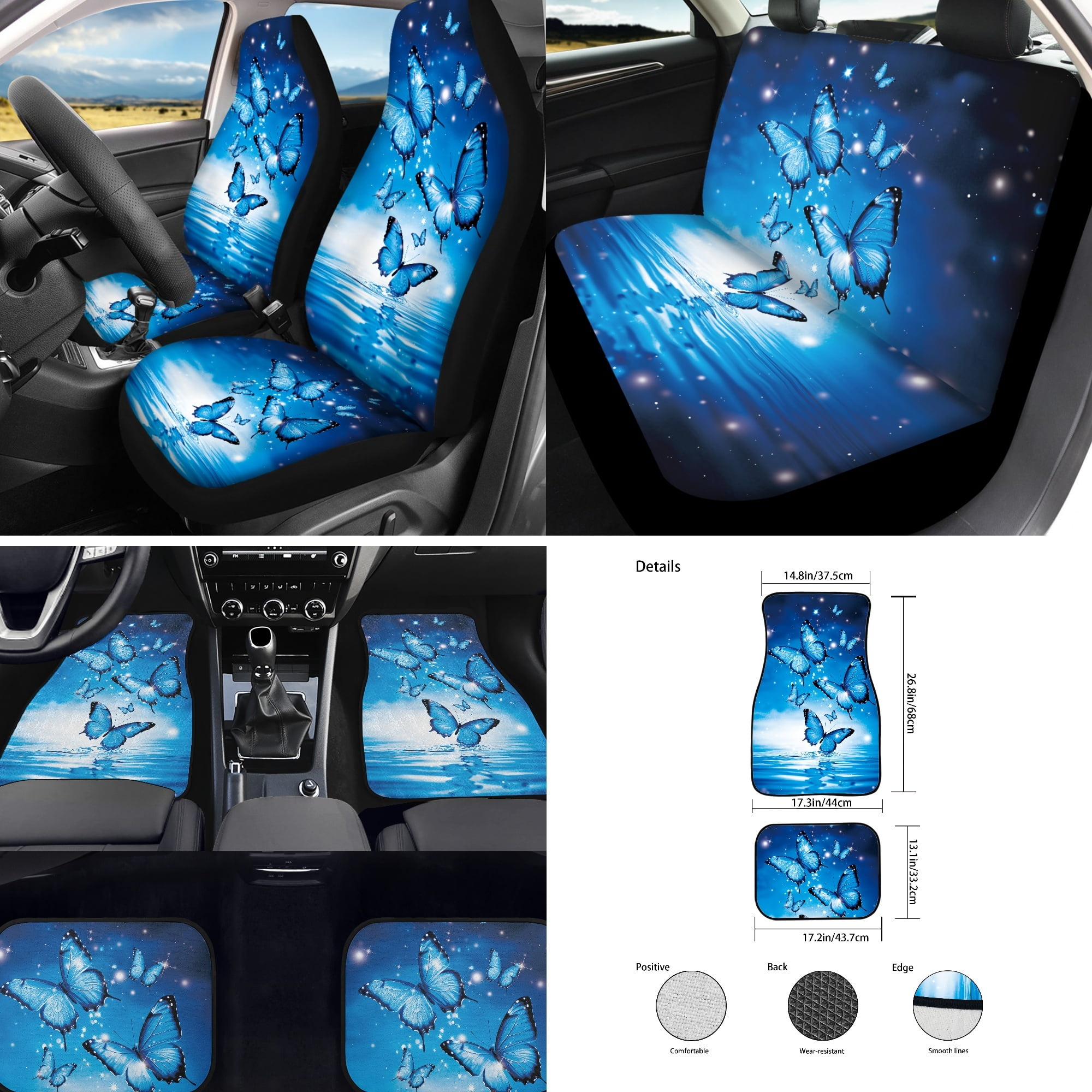 Jeiento Butterfly 17 Pieces Car Seat Cover Full Set for Women, Car Floor Mat, Seat Belt Cover for Adult Steering Wheel Cover Car Accessories for Car SUV Truck, Blue