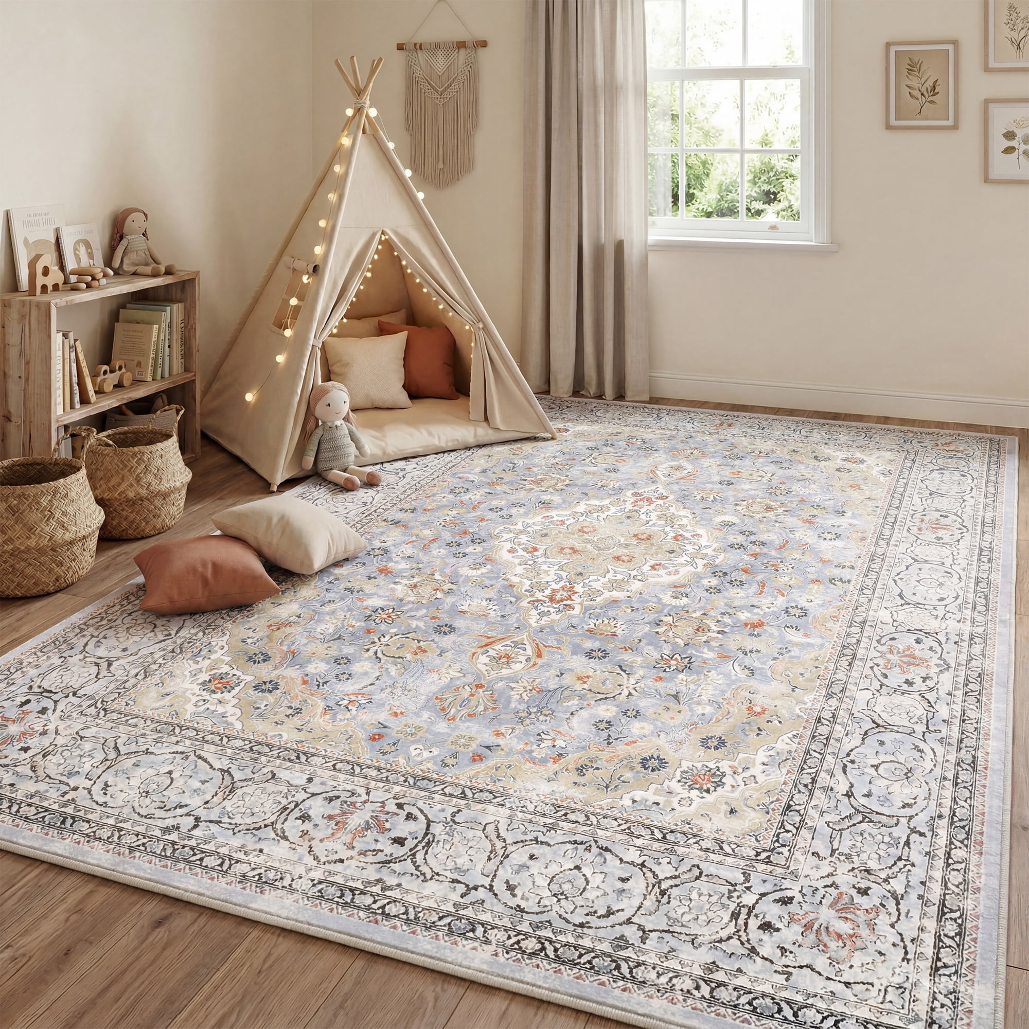 Lalado 5ft x 8ft Area Rugs for Living Room Washable Rugs Boho Floral Carpet Soft Low Pile Non-Slip Rug for Bedroom Dining Room Indoor Vintage Home Decor, Blue