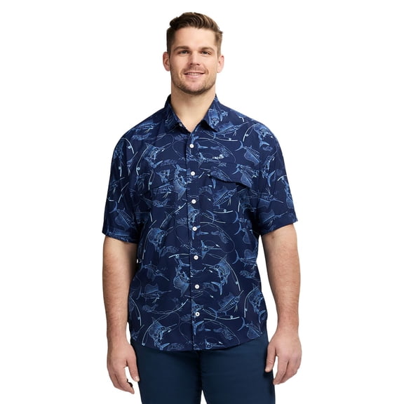 Big & Tall IZOD Sunshield Performance Woven Short Sleeve Button-Down Shirt Color: Medieval Blue Size: L TALL