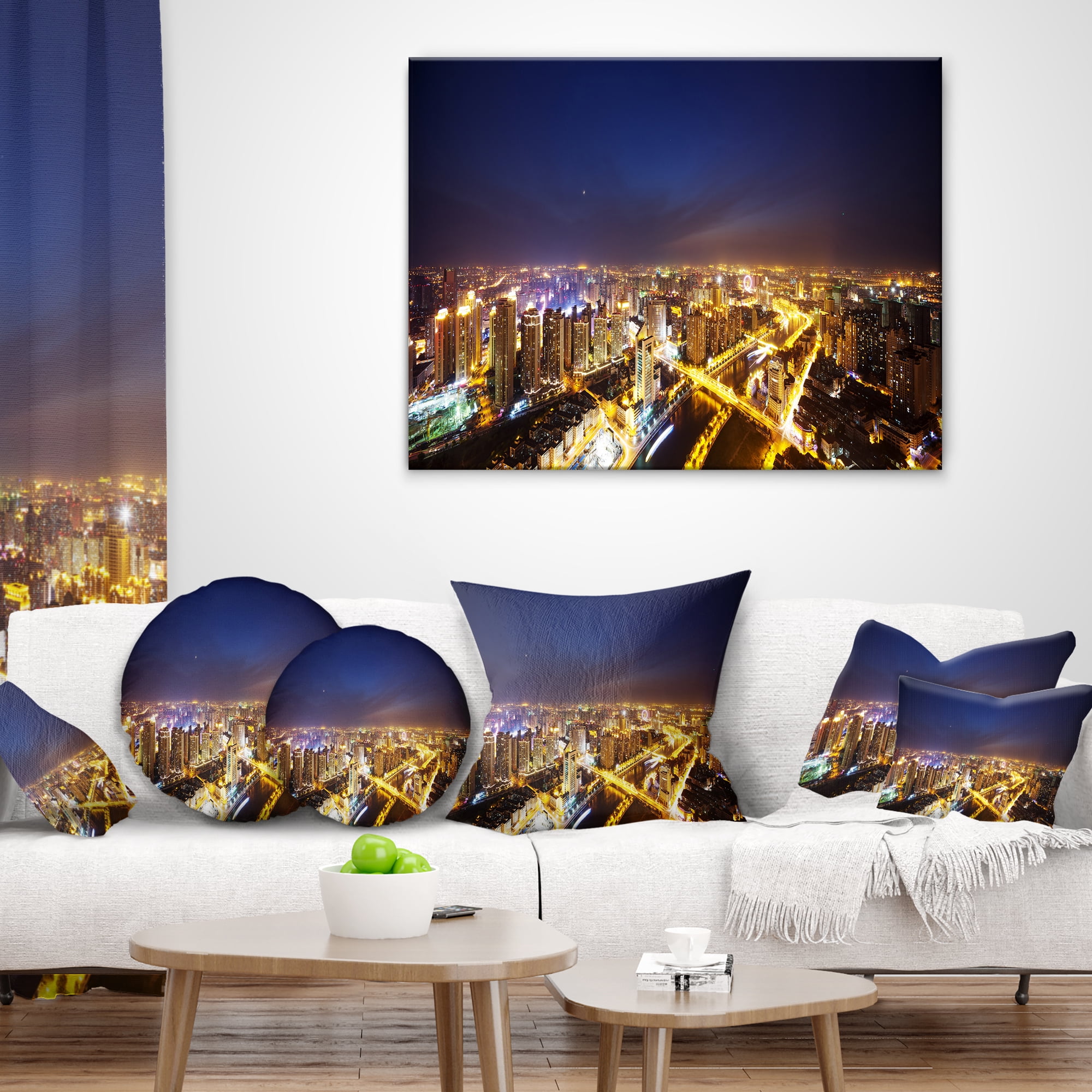 Designart Downtown Nighttime Panorama - Cityscape Throw Pillow - 18x18