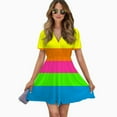 thumbnail image 2 of Plain Solid Neon Fluorescent Rainbow Stripes 5 Colors Women Dress V-Neck Short Sleeve Flowy Swing Party Midi Dress, 2 of 4