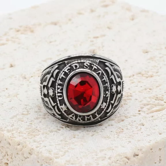QQTDFG Mens Stone Ring Stainless Steel United States Army Oval Band Size 7-12-10-Silver Red