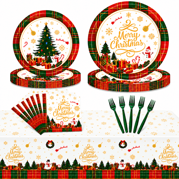 97 Pcs Christmas Paper Plates and Napkins Party for 24, Red and Green Plaid Holiday Tableware Set with Dinner Plates, Napkins, Green Forks and Tablecloth