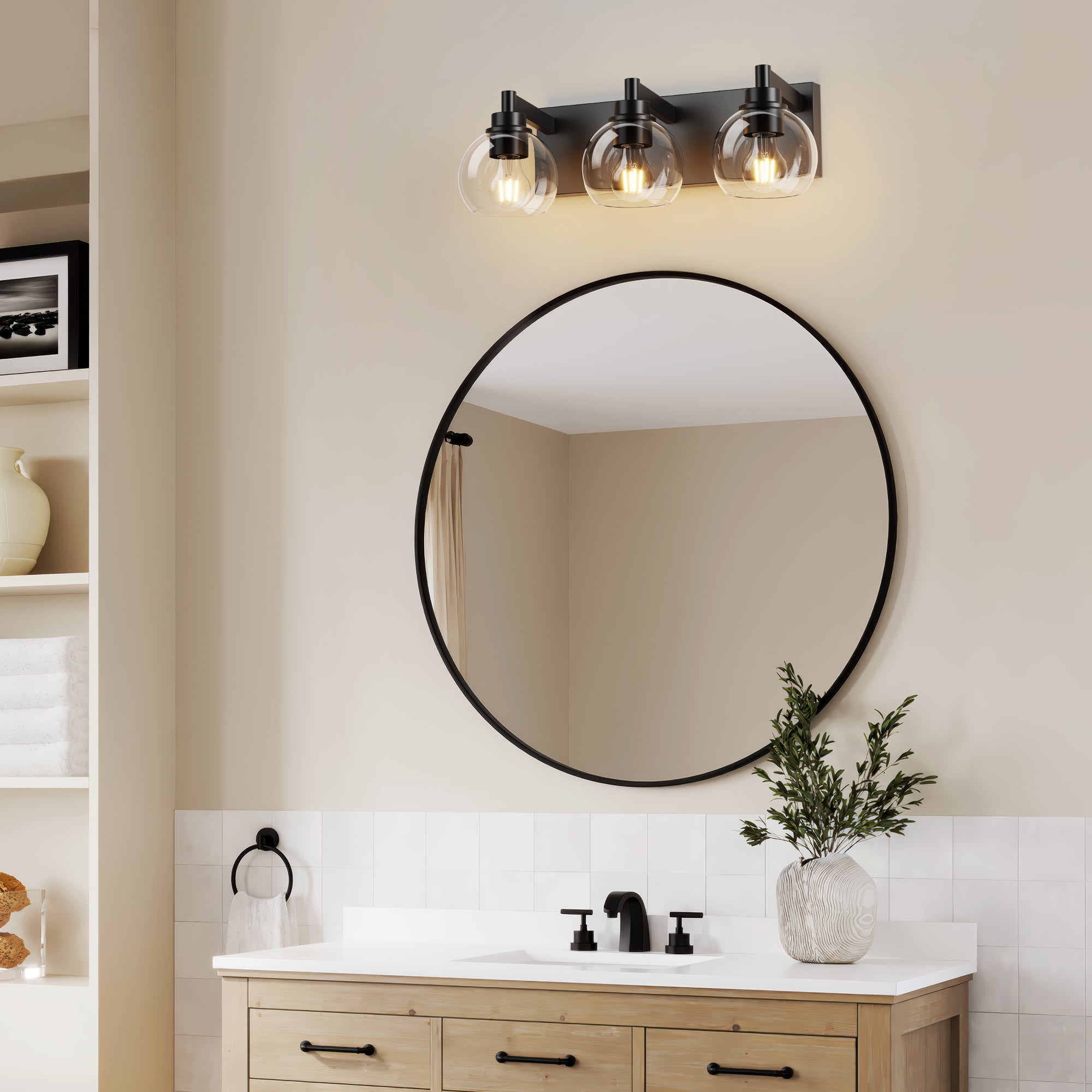 GCGAFUL 19 in. 3-Light Matte Black Modern Dimmable Bathroom Vanity Light with Clear Glass Globe Shade