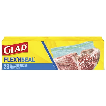 Glad FLEXN SEAL Zipper Freezer Storage Gallon Bags, 28 Count