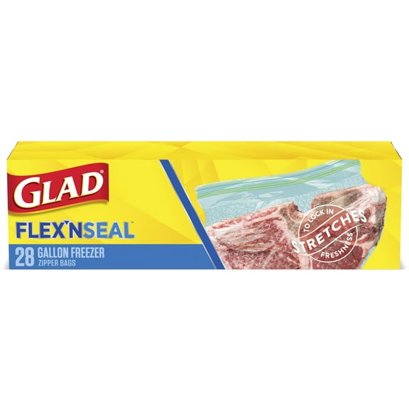 Glad FLEXN SEAL Zipper Freezer Storage Gallon Bags, 28 Count