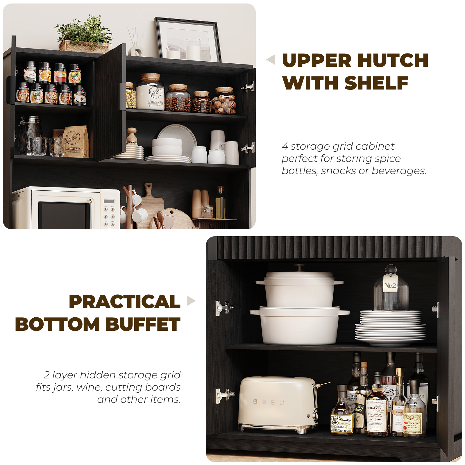 BROTTAR 69" Fluted Wine Bar Cabinet with Fridge (Included), Modern Coffee Bar Cabinet with Storage Hutch, Tall Mini Fridge Cabinet with Drawers, Kitchen Pantry for Living Room, Dining Room, Black