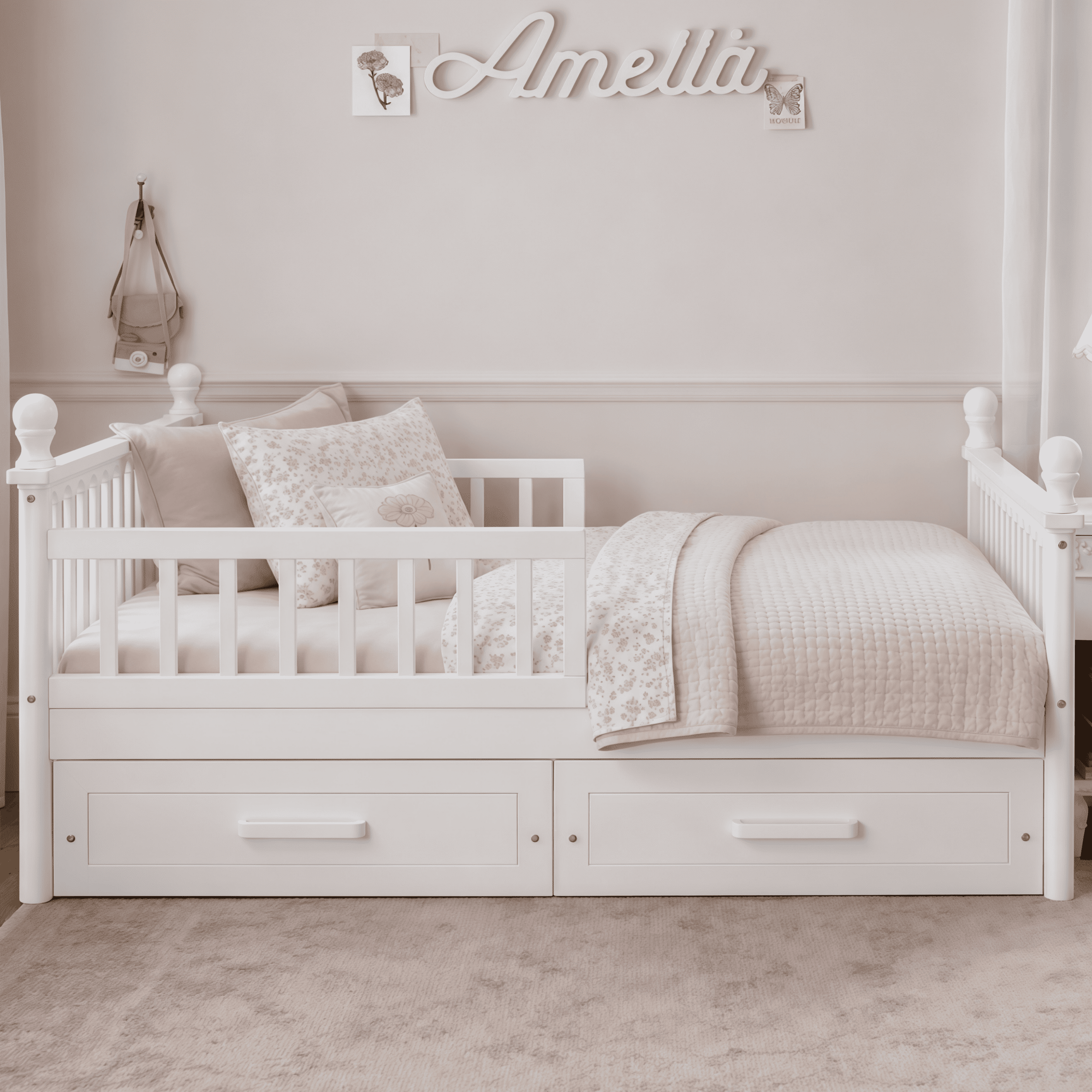 Euroco Wood Full Size Platform Bed with Drawers, Low Profile Kids Bed with Safety Guardrails, No Box Spring Needed, White