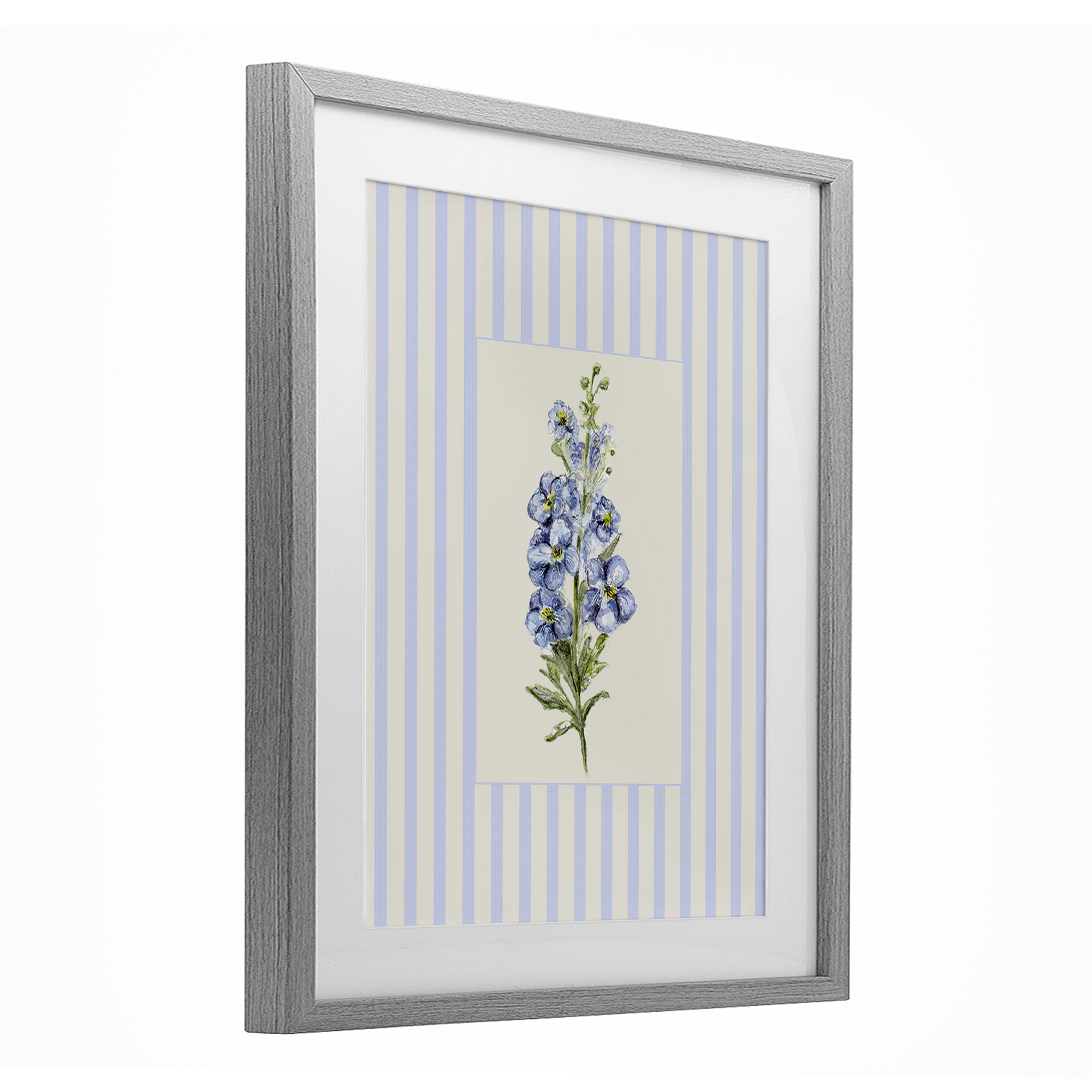Blue Stripe Larkspur Gray Framed Print Under Glass, design by Lisa Wehmeyer