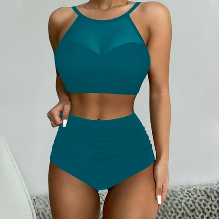 IDALL Bikini Sets for Women Bathing Suit 2025 New Bikini Women s Split Swimsuit Solid Color Mesh Splicing Swimsuit Womens Swimsuits Swim Suits for Women 2025 Dark Blue S