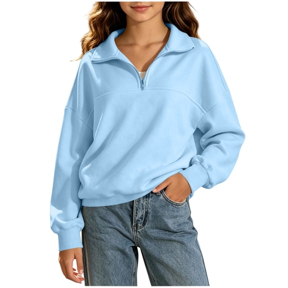 Smupbvk Girls 1/4 Zip up Sweatshirt Drop Shoulder Collared Tops Casual Fall Winter Cute Cuffed Long Sleeve Pullover (15-16 Years, Sky Blue)