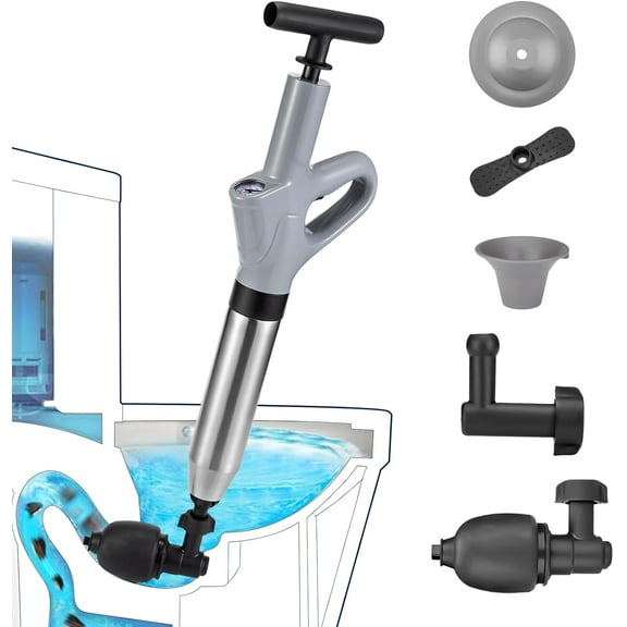 Toilet Plunger Blaster with Air Pressure, Multi-Surface Unclogger for Bathroom Kitchen Sinks Floor Drains Tough Clogs, Gray