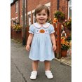 thumbnail image 5 of RUINIXCW Toddler Baby Girl Halloween Dress Outfit Kids Baby Girl Summer Fall Dress Clothes Pumpkin Ghost Letter Embroidery Doll Collar Short Sleeve Striped Dress, 5 of 9