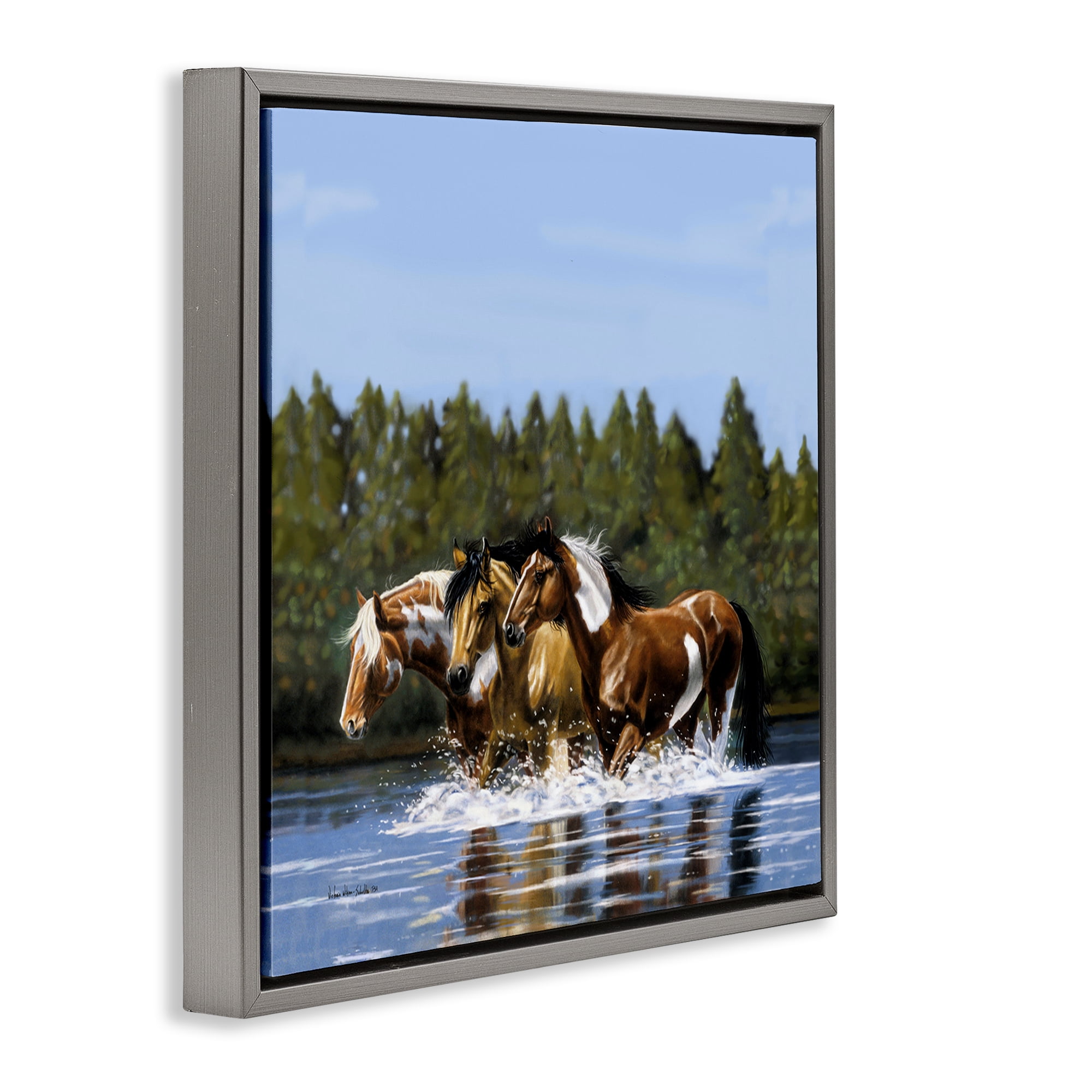 Stupell Industries Horses Upstream Splashing Animals & Insects Painting Gray Floater Framed Canvas Art Print Wall Art, 18 x 18