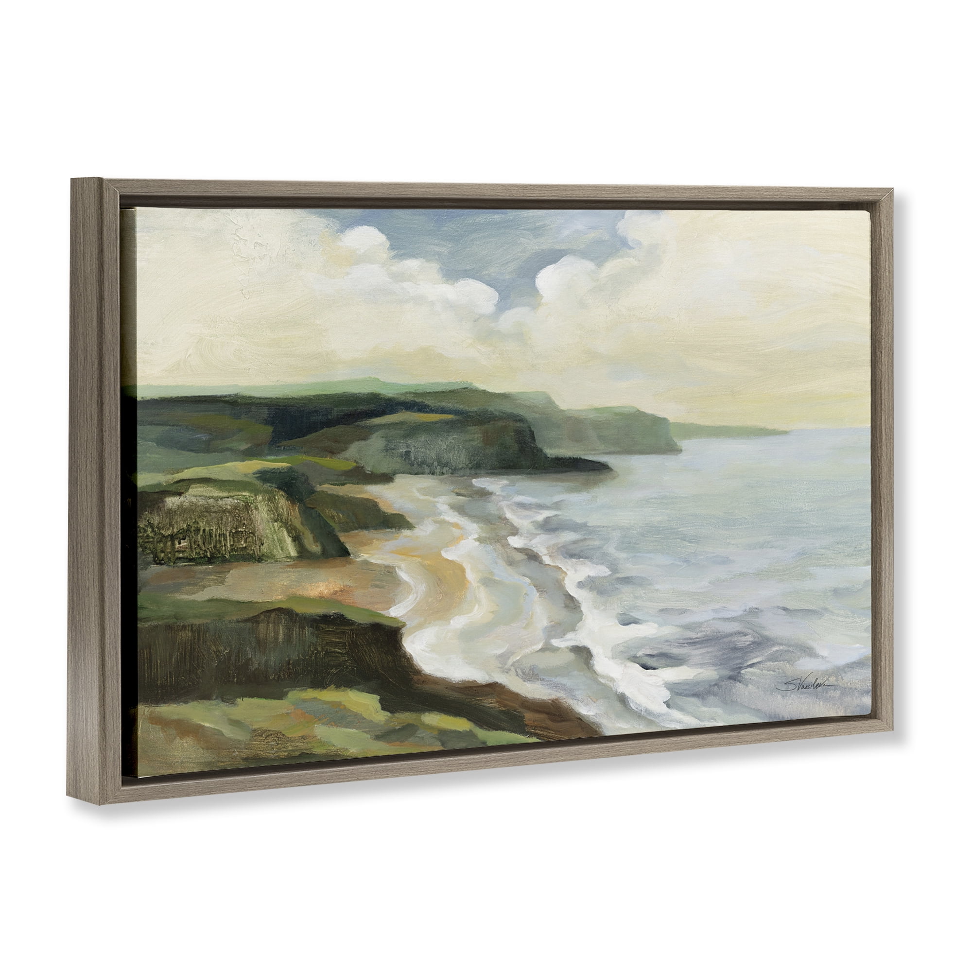 Stupell Industries Irish Coast Cliffs Landscape Painting Brown Floater Framed Canvas Art Print Wall Art, 25 x 17