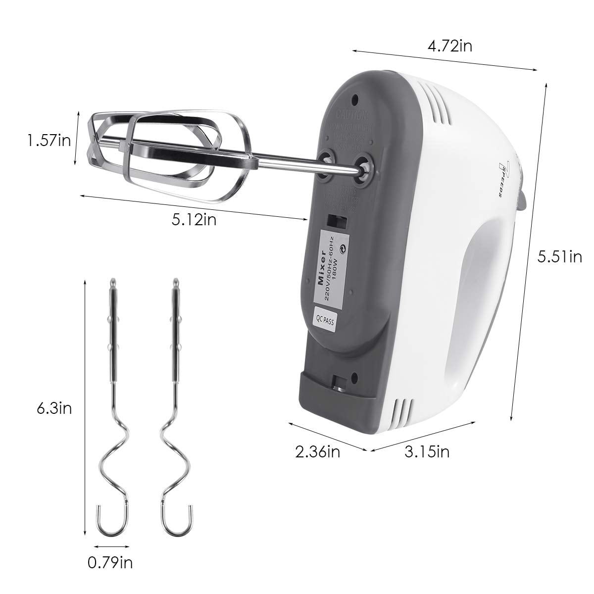 Hand Mixer Electric, 7 Speeds Selection Portable Handheld Kitchen Whisk, Lightweight Powerful Handheld Electric Mixer Stainless Steel Egg Whisk with 2