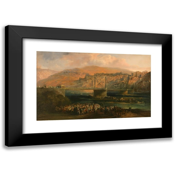 Genaro Pérez Villaamil 14x10 Black Modern Framed Museum Art Print Titled - View of City of Fraga and its Hanging Bridge (1850)