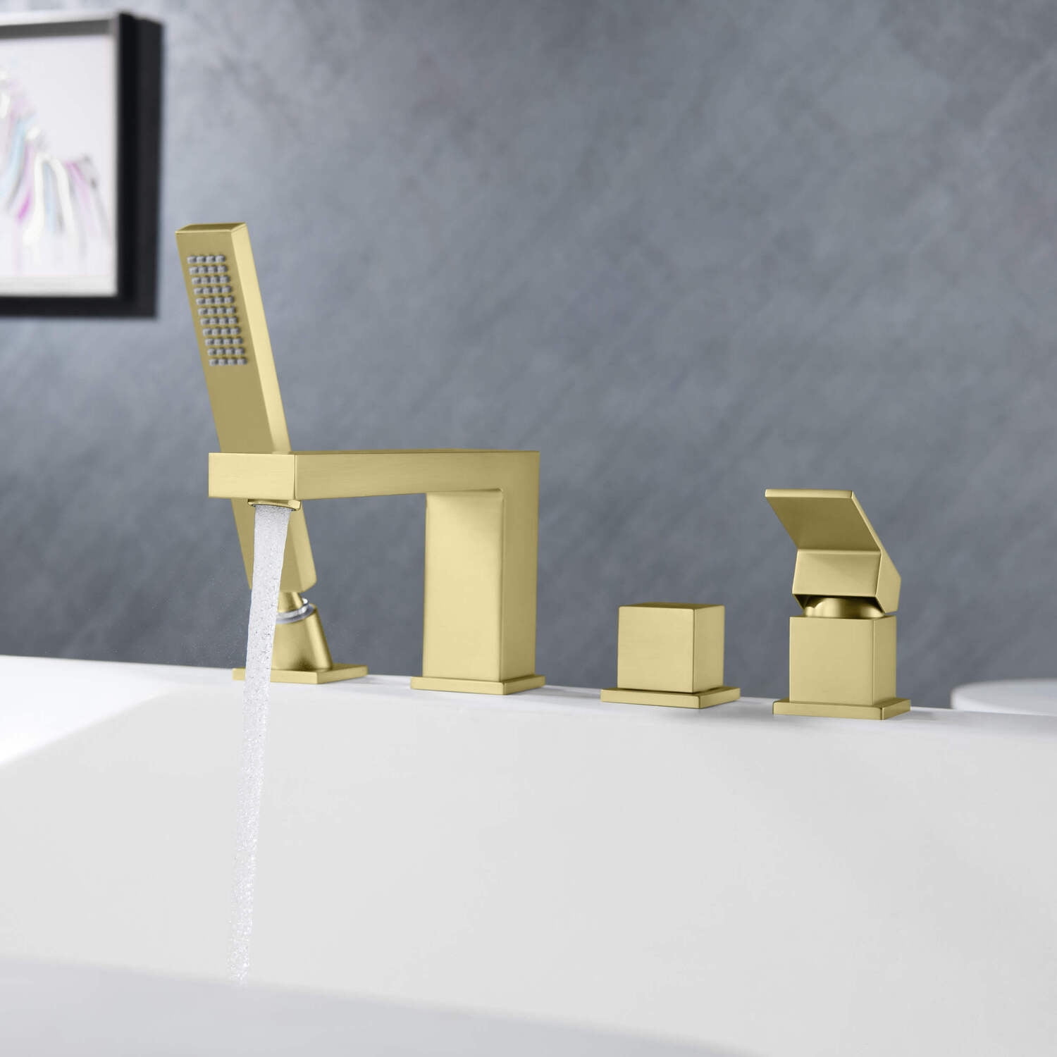 Kibi Cube Deck Mounted Bathtub Faucet with Hand Shower