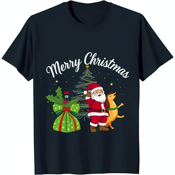 Festive Black T-Shirt with Jolly Santa Reindeer and Merry Christmas Graphic
