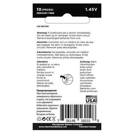 HearClear Size 10 Zinc-AIr 1.45V Hearing Aid Batteries (60 Pack)