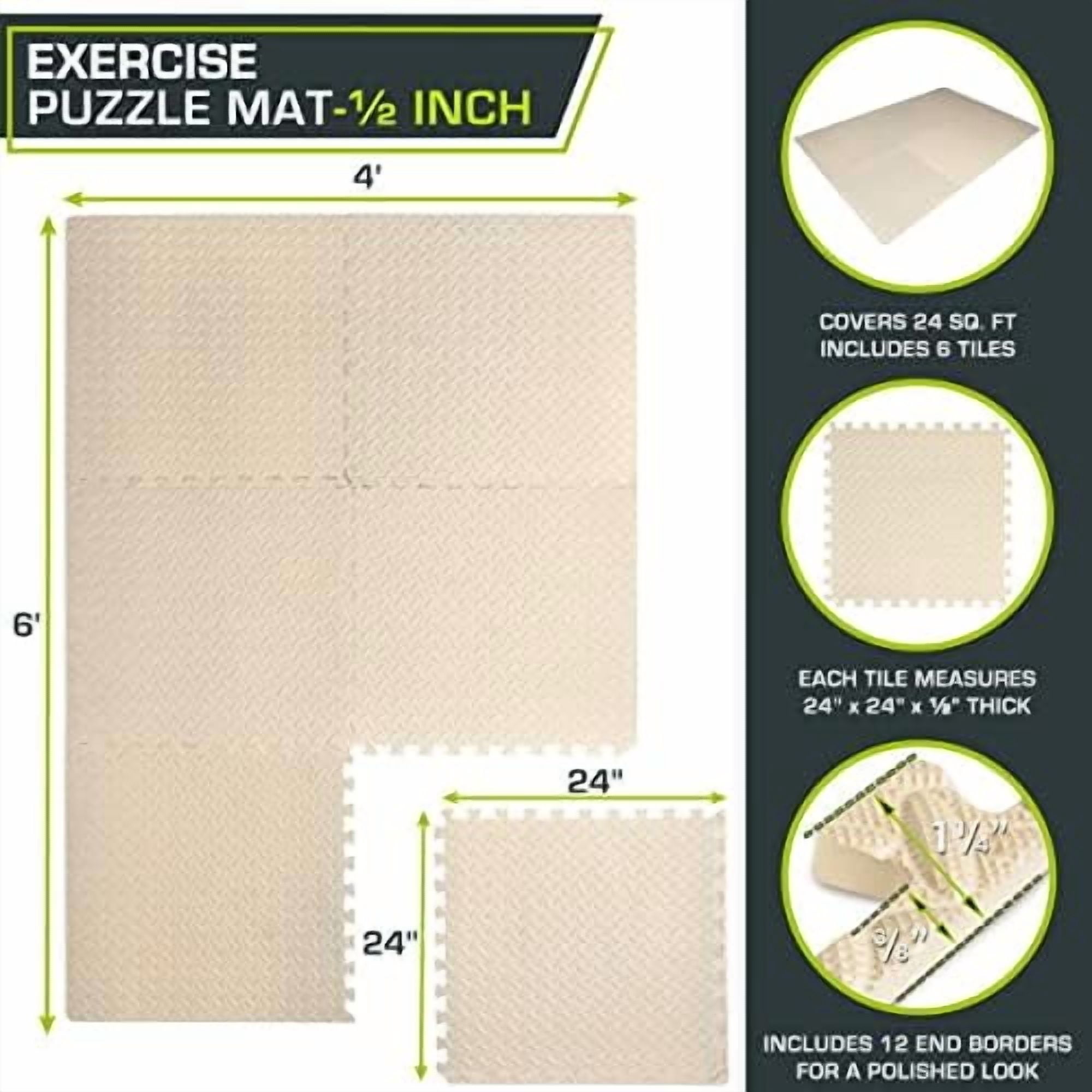 Puzzle Exercise Mat ½ in, EVA Interlocking Foam Floor Tiles for Home Gym, Mat for Home Workout Equipment, Floor Padding for Kids, Cream, 24 in x 24 in x ½ in, 24 Sq Ft - 6 Tiles