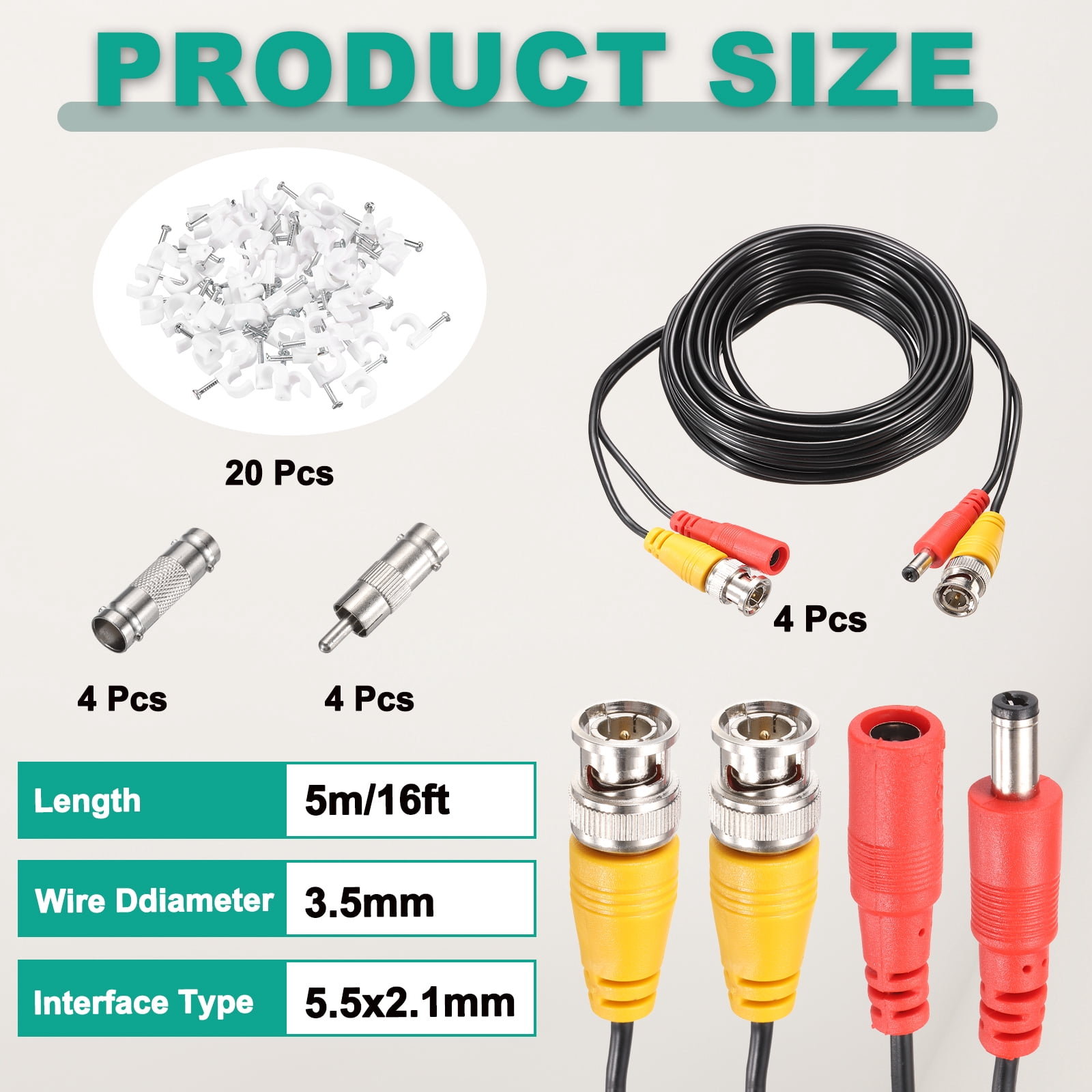 BNC Video Power Cable,5m/16ft All-in-One Security Camera Wire,4 Set Black
