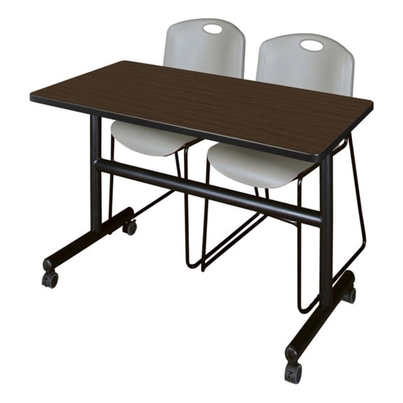 Regency Kobe 48x24" Flip-Top Nesting Table- Neo Walnut/2 Zeng Stack Chairs- Grey